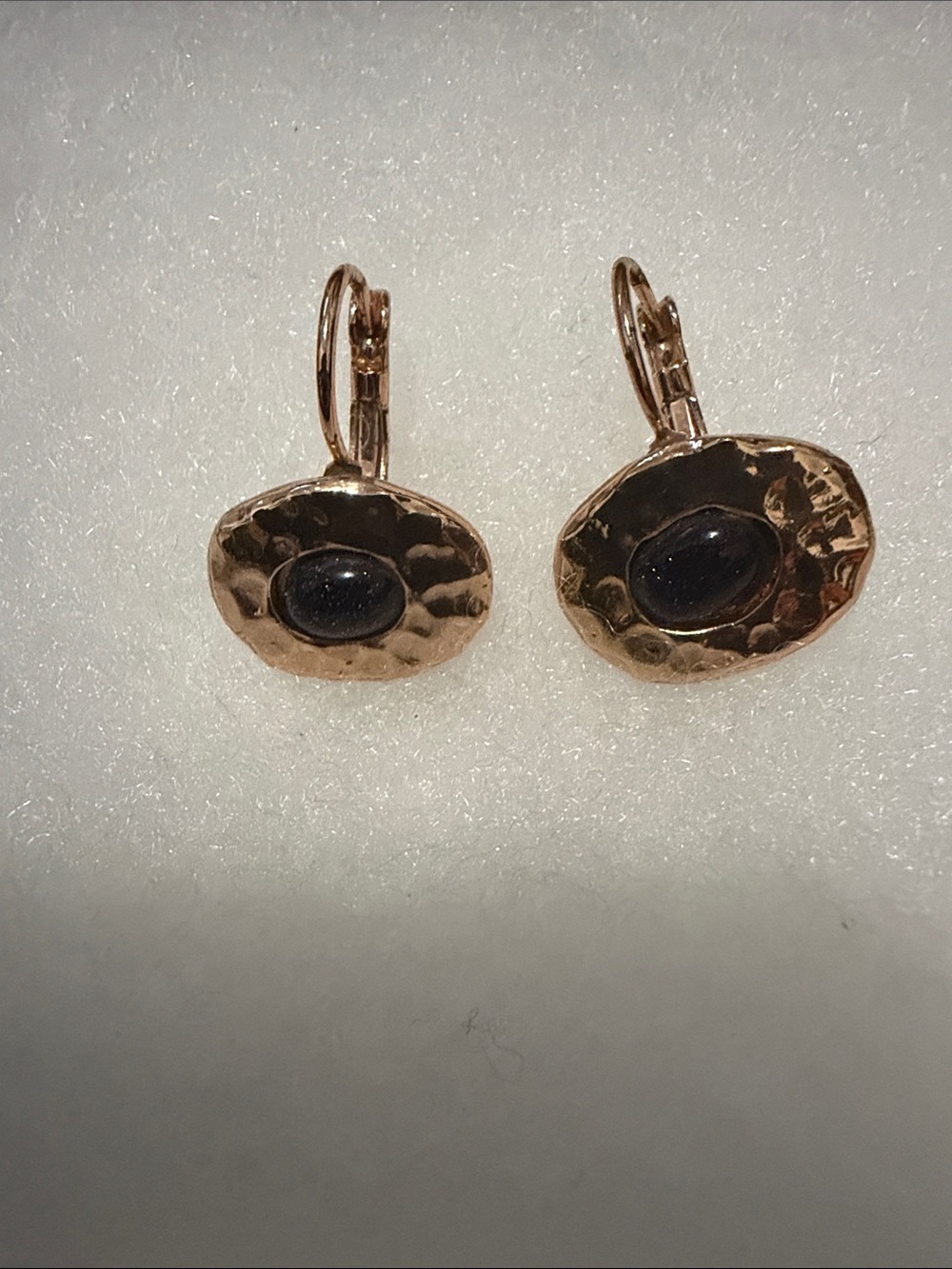 Hammered Gold-Tone Drop Earrings with Black Stone Accent